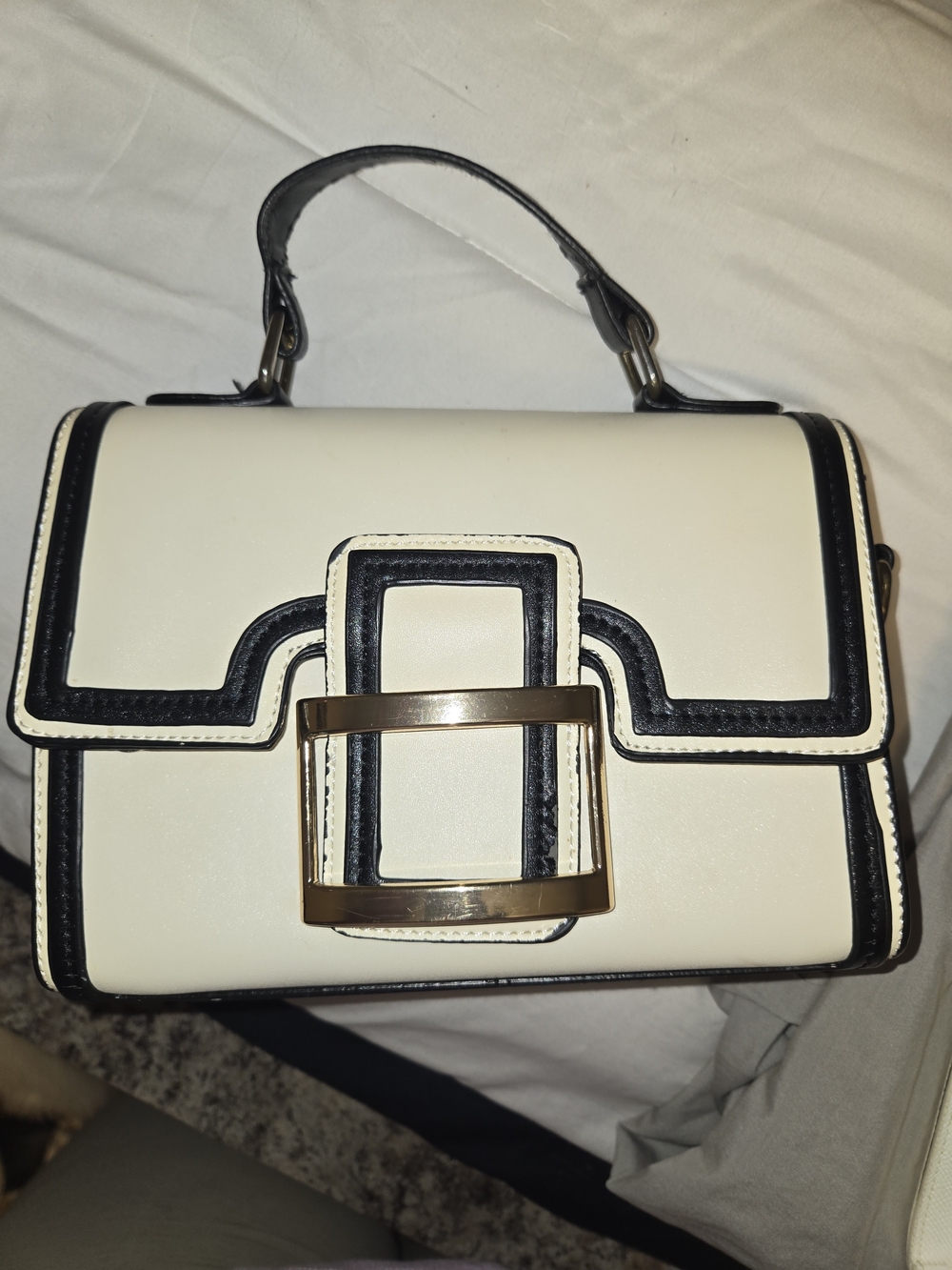 Elegant Cream and Black Top-Handle Satchel